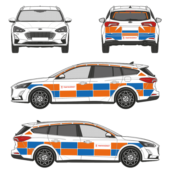 Battenburgmönster och reflexfält på skåpbil – schematisk vy som stöd för layout av reflexvinyl enligt svensk praxis.